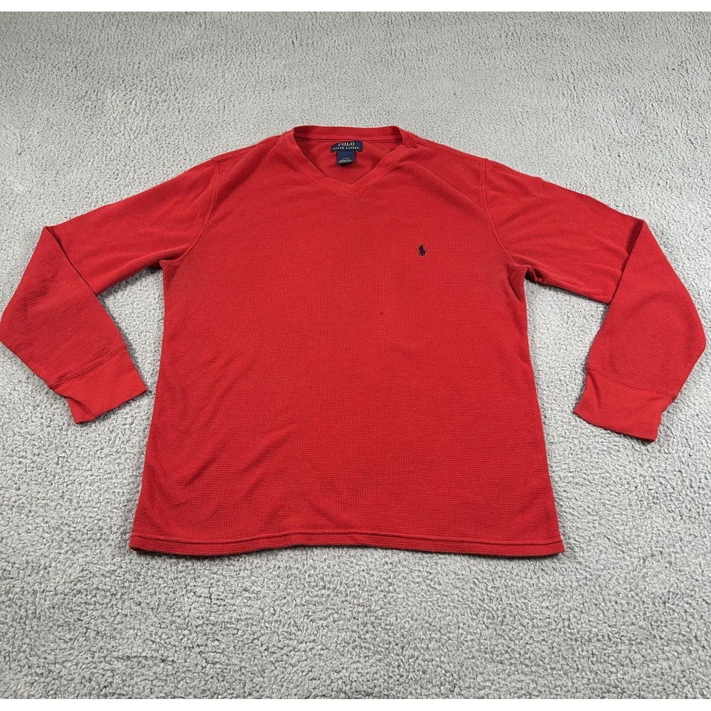 Polo Ralph Lauren Shirt Mens Large Red Waffle Knit V Neck Thermal Logo Pony